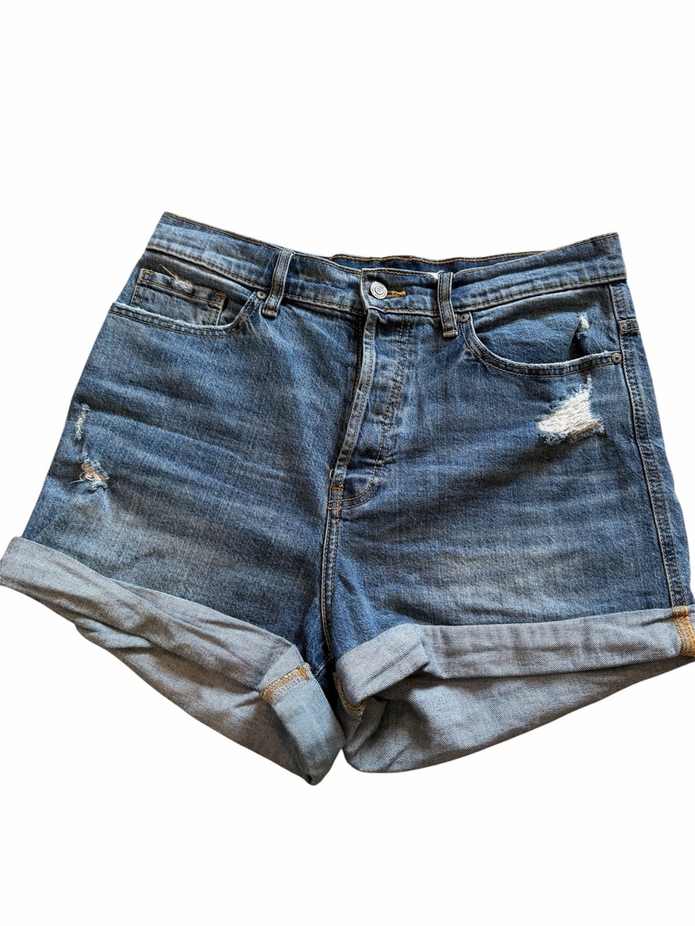 High-Rise Blue Button Fly Denim Shorts- Large